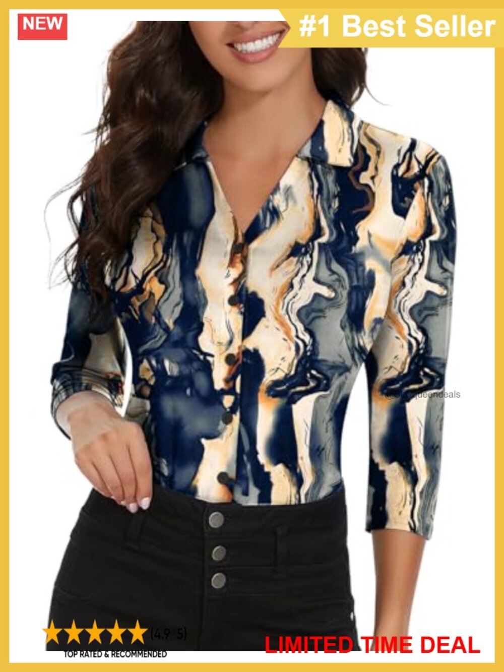 Womens Golf Polo Shirt 3/4 Sleeve V Neck Button Down Work Blouse